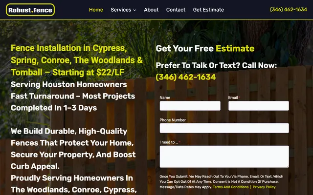 robustfence.com homepage — fence photo hero with pricing headline and a free-estimate form above the fold